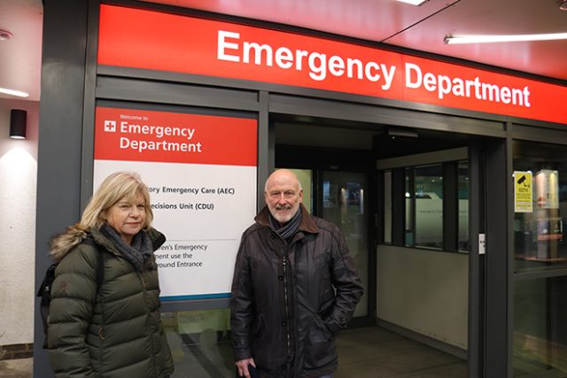Volunteers Anne and Brian outside the emergency department at the Royal Free Hospital